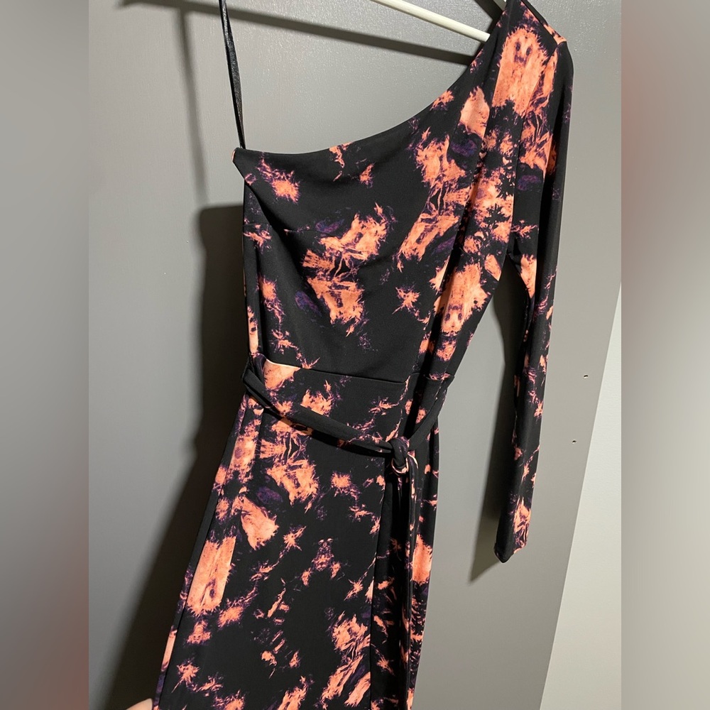 INC International Concepts Black and Orange One-Shoulder Dress